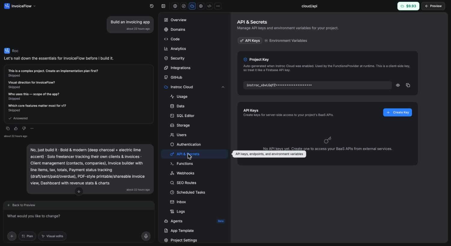 The API &amp; Secrets panel showing the project key and API keys