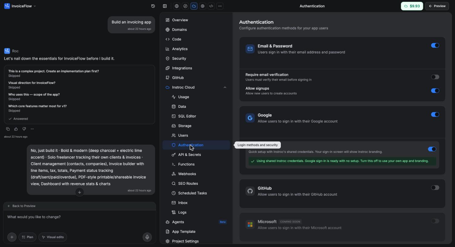 The Authentication panel with Email &amp; Password, Google, and GitHub toggles