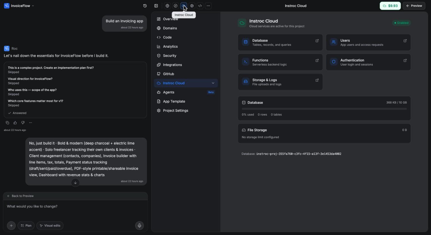 The Instroc Cloud panel showing Database, Users, Functions, Authentication, Storage and Logs cards
