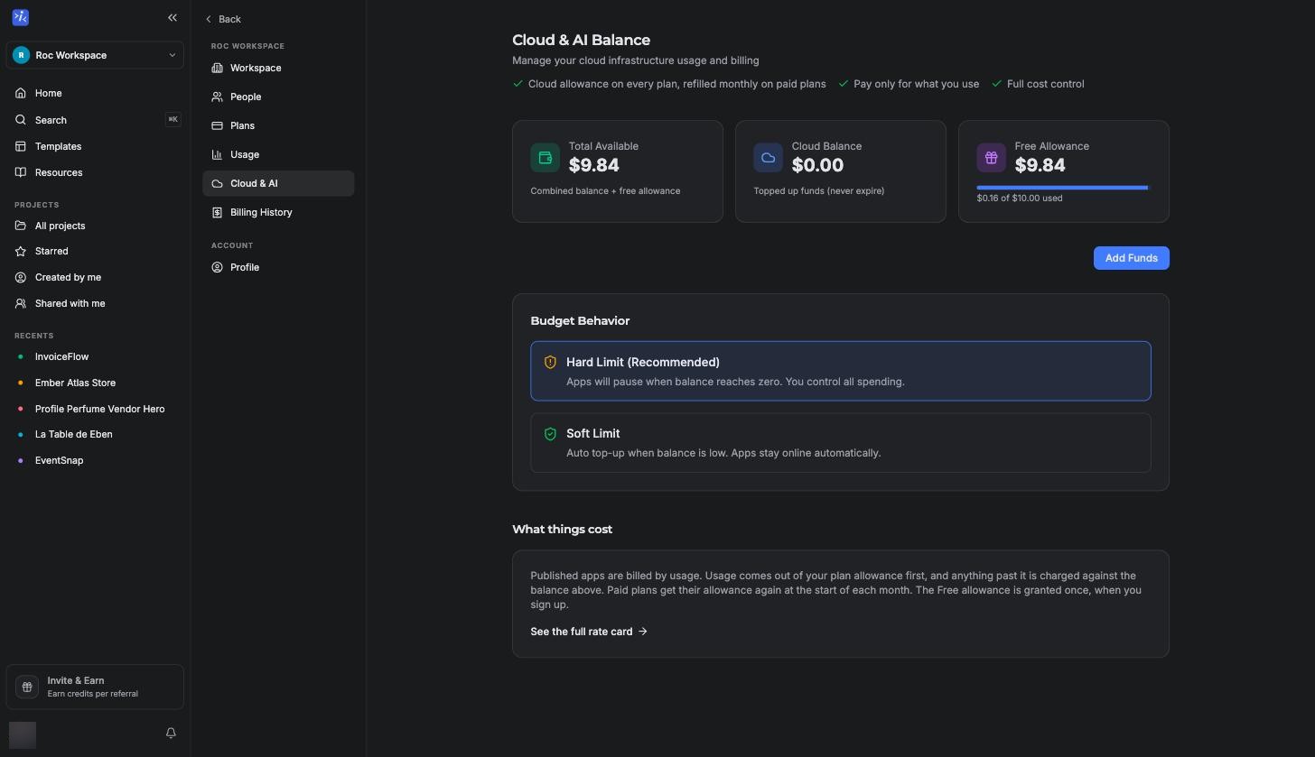 The Cloud &amp; AI settings in your dashboard, showing Total Available, Cloud Balance, Free Allowance and budget behavior