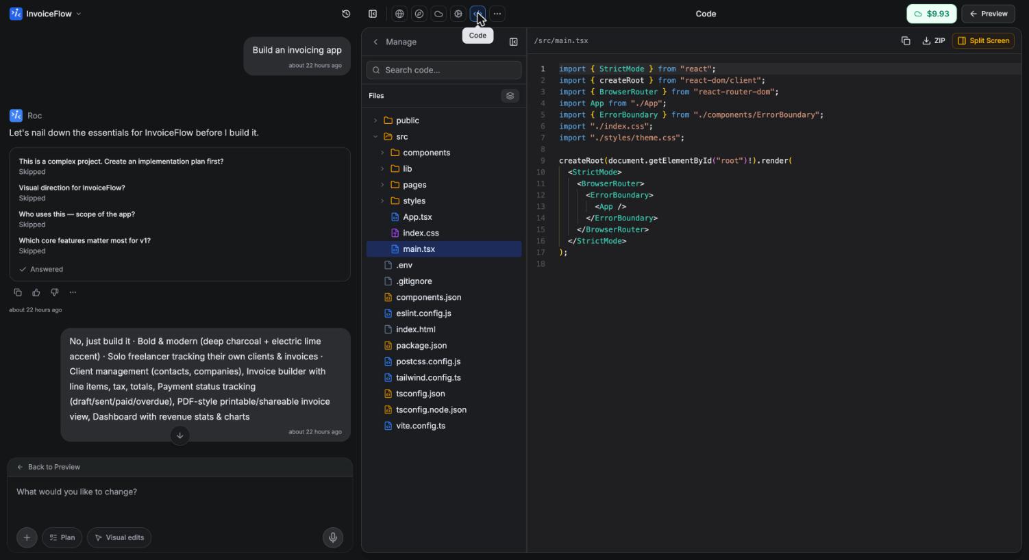 Code workspace with the file tree on the left and an open file in the editor