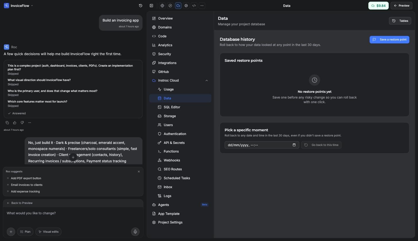 The Database history view with saved restore points and the pick-a-moment restore