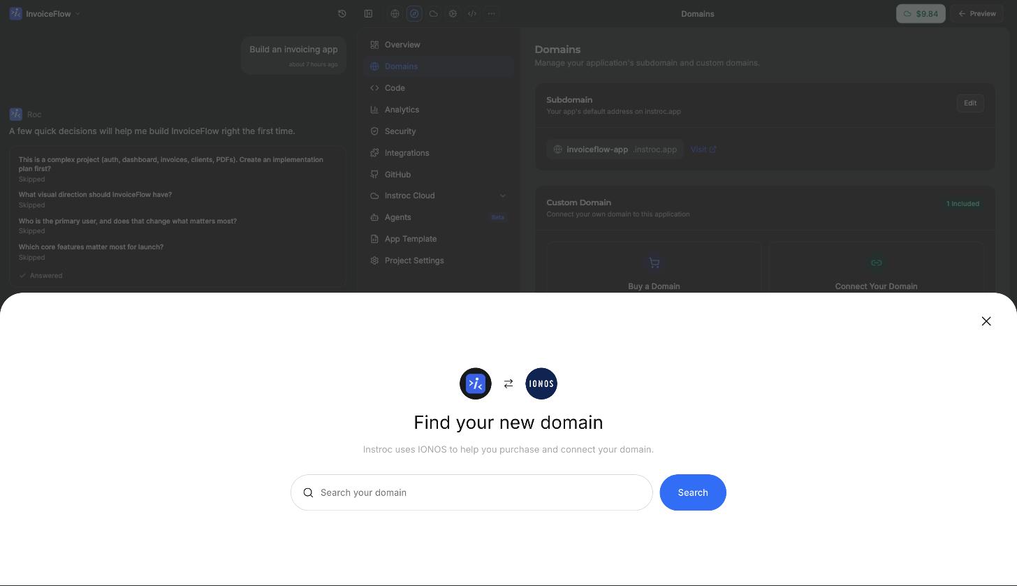 The in-app domain purchase window: search for a name and buy it without leaving Instroc
