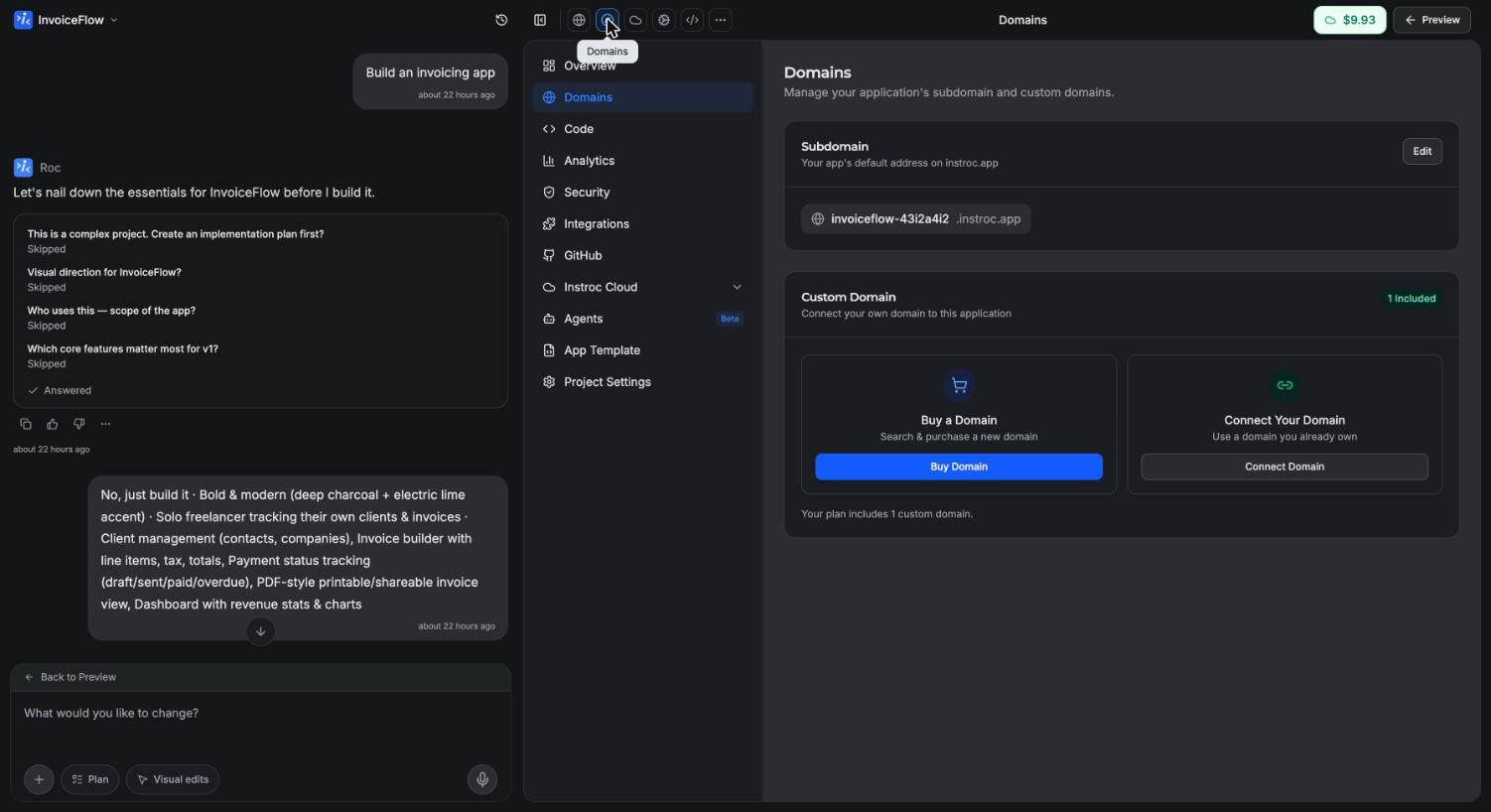 The Domains panel with the subdomain card and the Buy a Domain and Connect Your Domain options