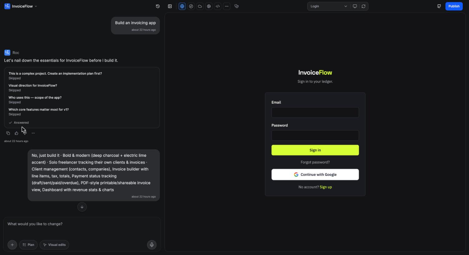 The editor with the Roc chat panel on the left and the live app preview on the right