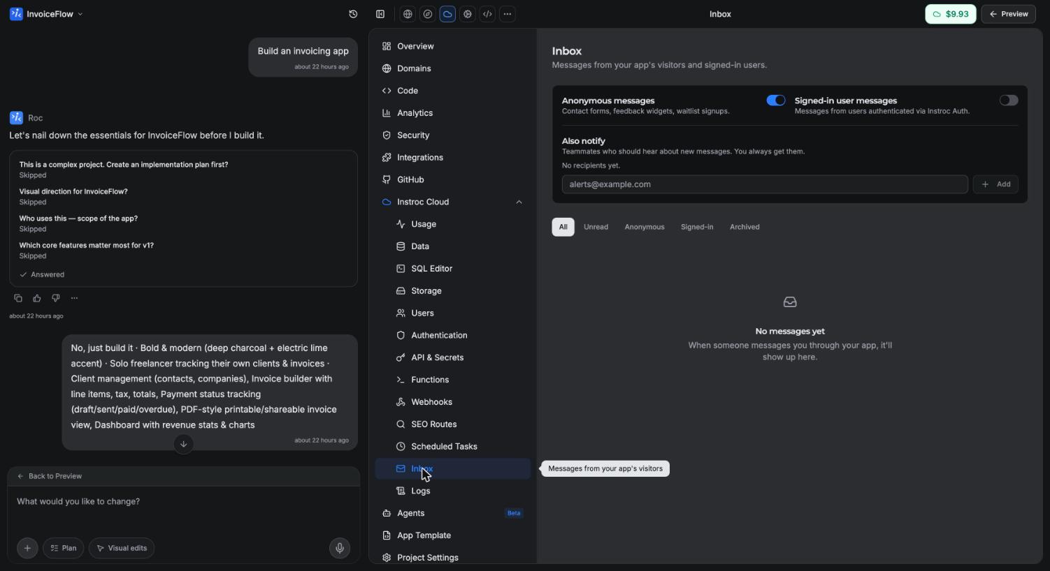 The Inbox panel with channel toggles for anonymous and signed-in messages