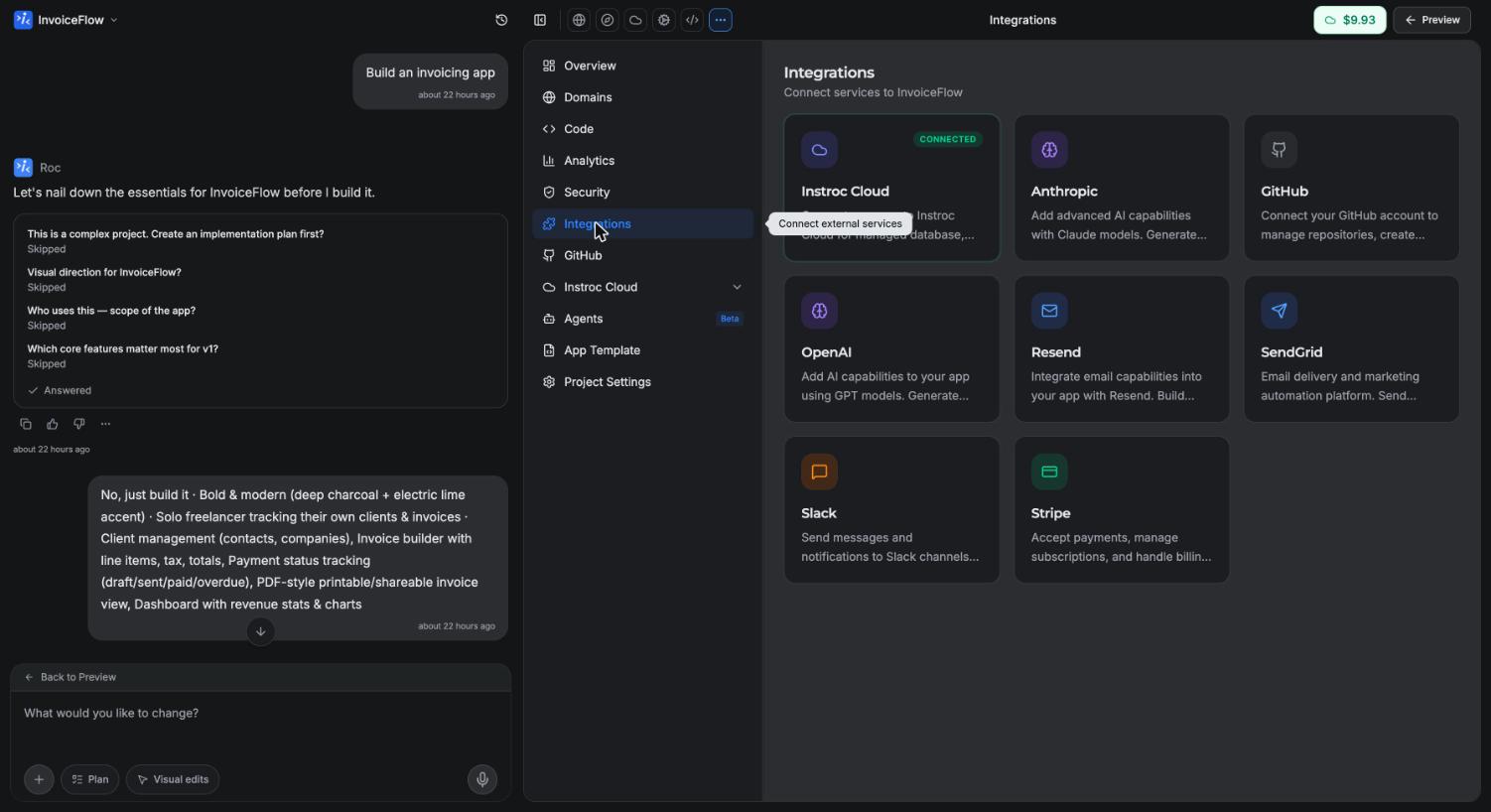 The Integrations panel in the editor workspace, showing the eight integration cards