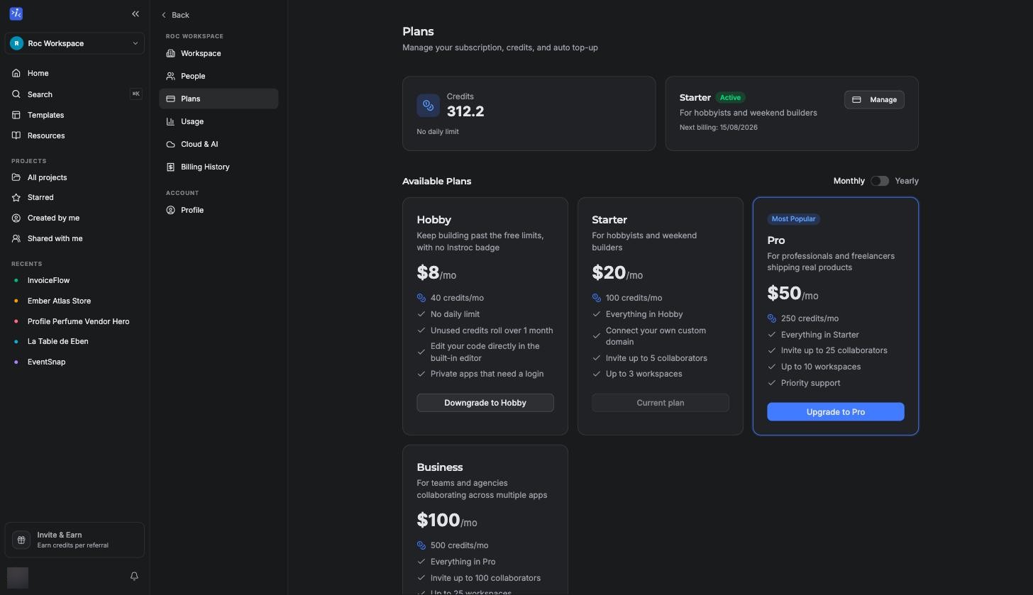 The Plans settings in your dashboard with your current plan and available plans