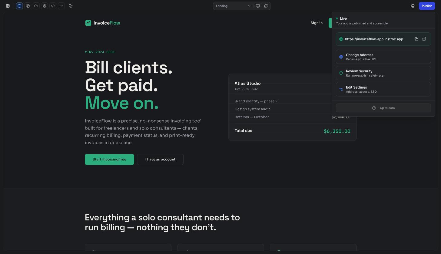 The publish popover showing the Live view over a published app