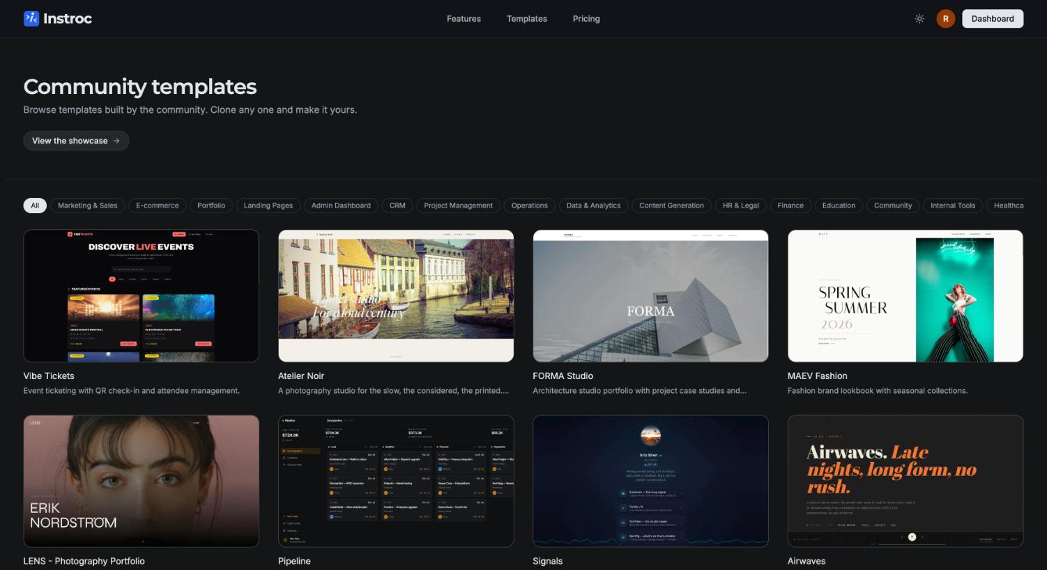The community templates gallery with cards for each template