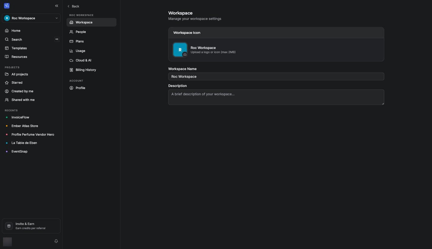 The Workspace settings page with icon upload, name, and description fields